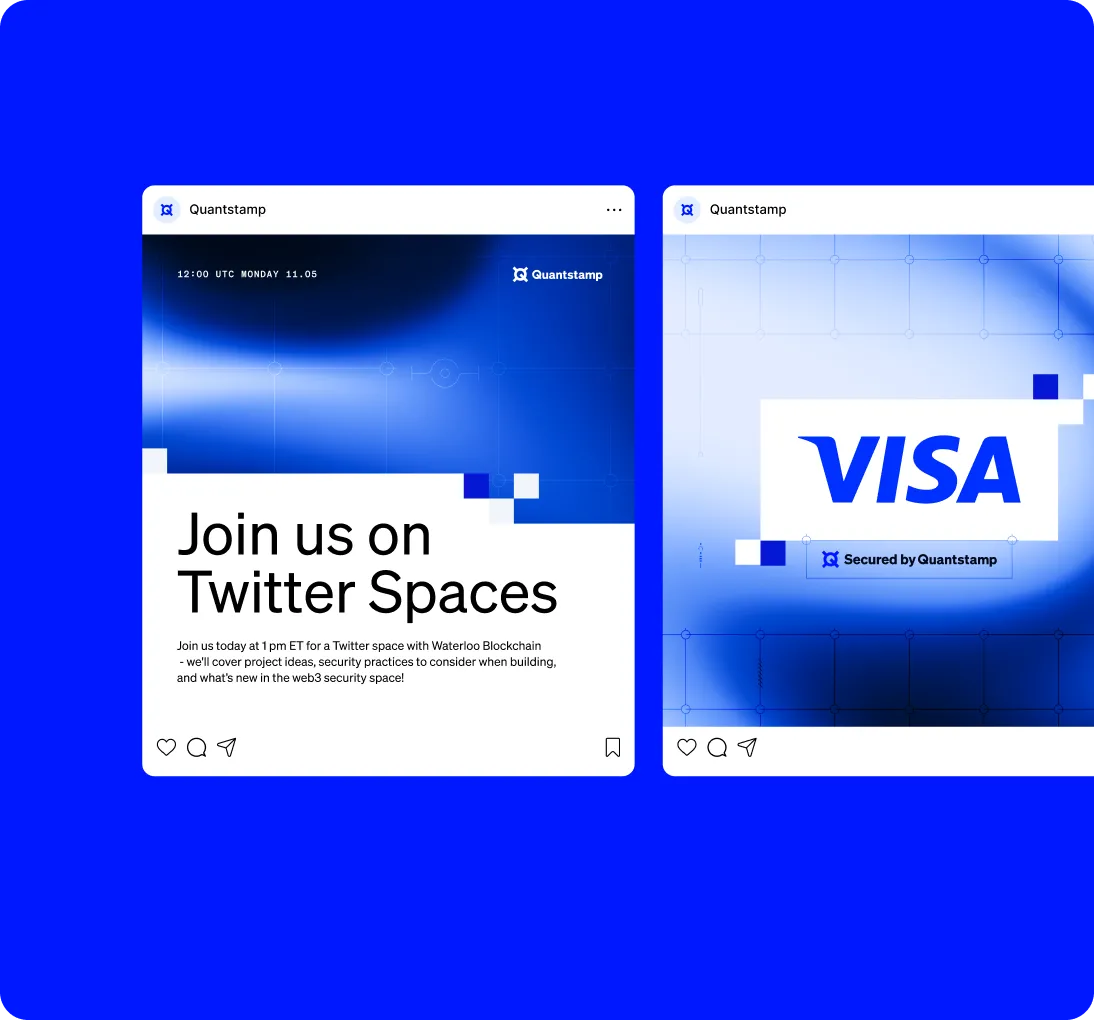 Two digital posts from Quantstamp on a blue background, one inviting to join a Twitter Spaces event on web3 security, the other showing Visa logo secured by Quantstamp.