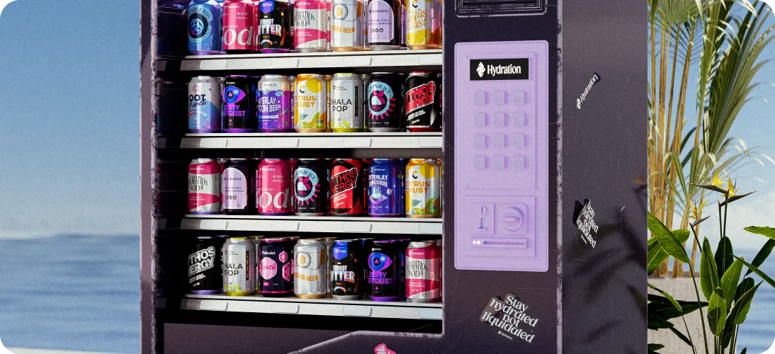 A vending machine stocked with various colorful canned beverages with labels such as Hydration, soda, and energy drinks, set outdoors near green plants and a blue sky.