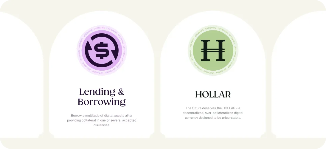 Two sections with icons and text: one purple icon with a dollar sign and arrows labeled 'Lending & Borrowing' describing digital asset borrowing with collateral; the other green icon with an H labeled 'HOLLAR' describing a decentralized, over-collateralized, price-stable digital currency.