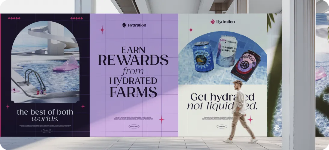 Advertisement panels for Hydration showing a swimming pool with drinks, text 'Earn rewards from hydrated farms,' and three cans with text 'Get hydrated not liquidated.'