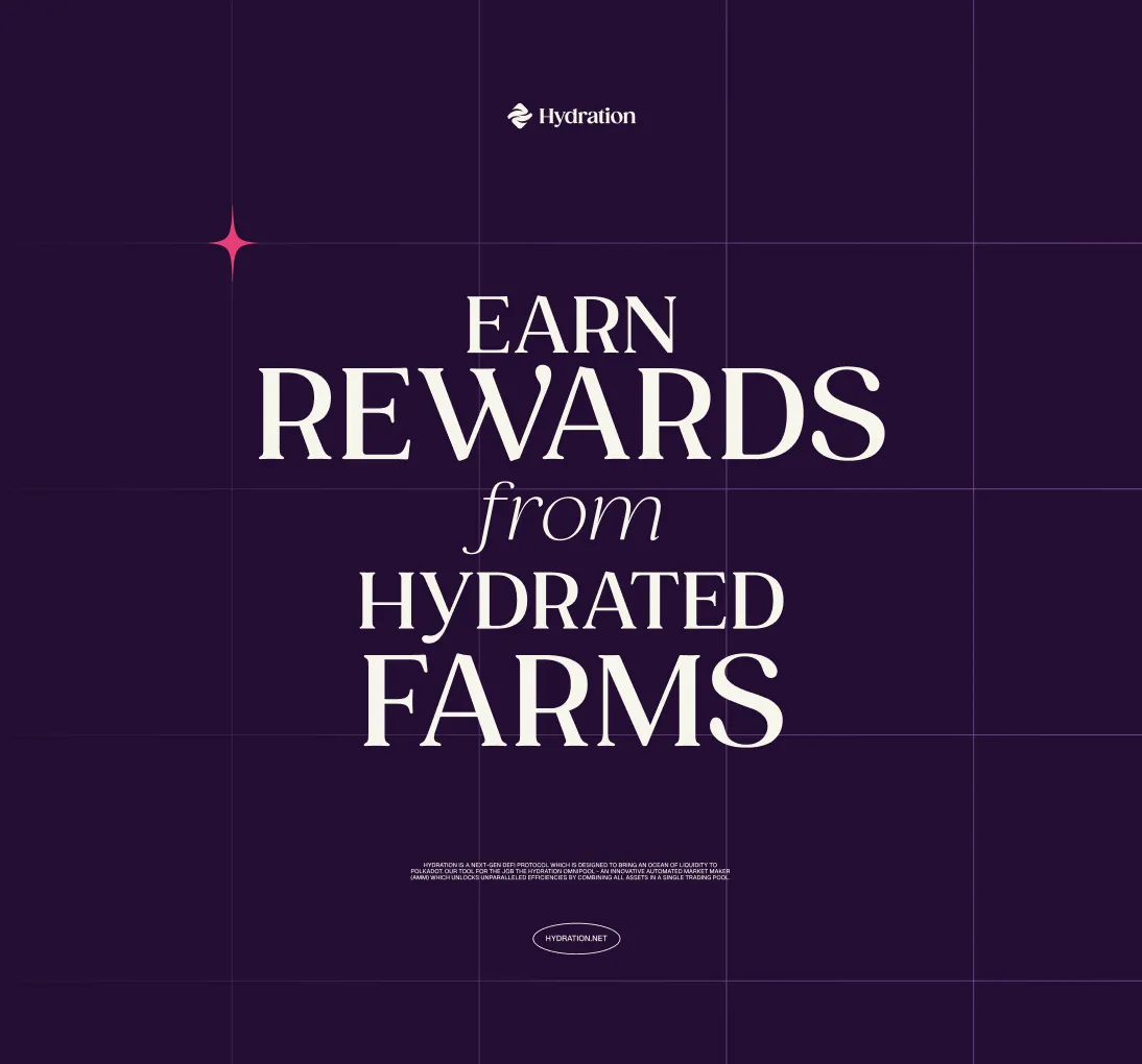 Text on dark background reads 'Earn Rewards from Hydrated Farms' with Hydration logo and website link hydration.net.