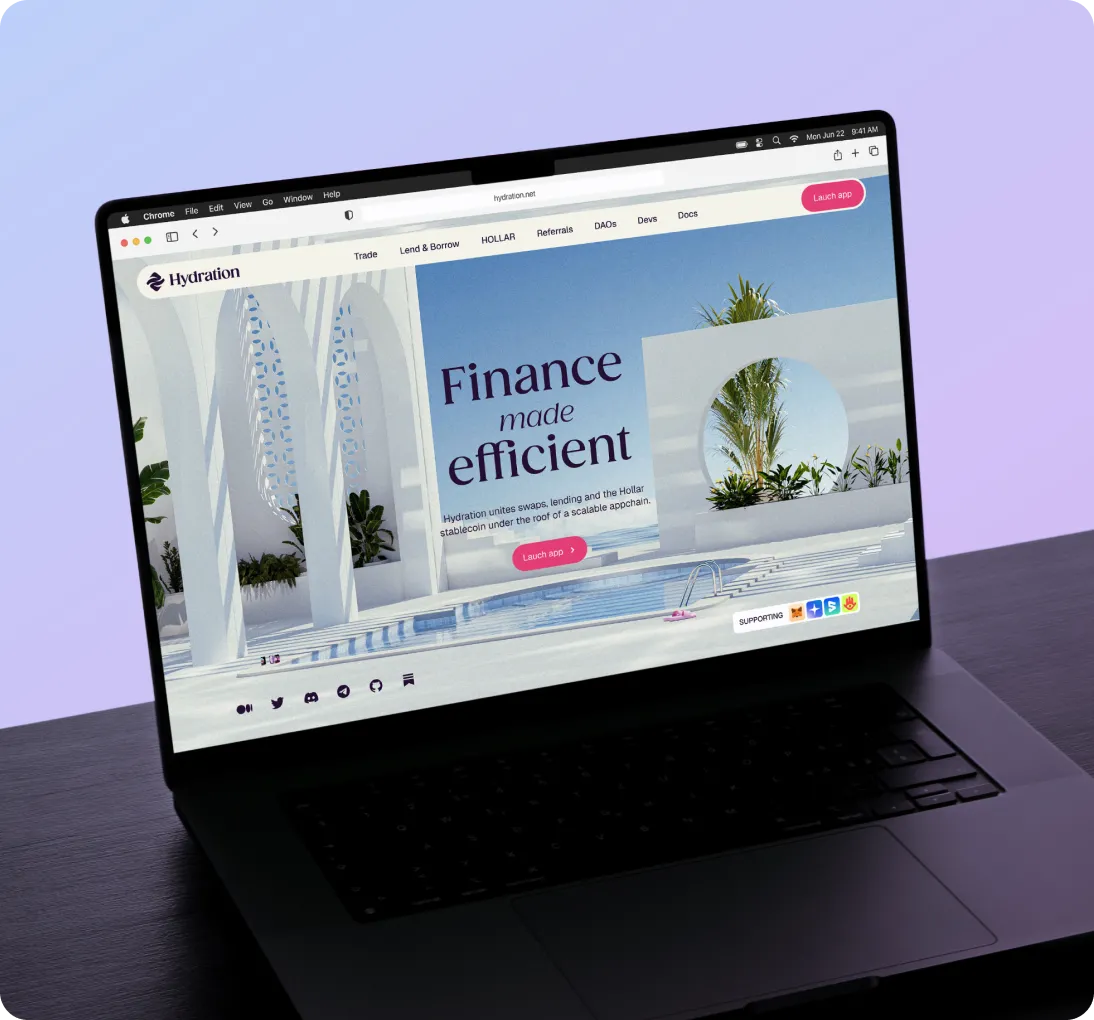 Laptop screen displaying Hydration website homepage with tagline 'Finance made efficient' and a modern white architectural background with a pool and plants.