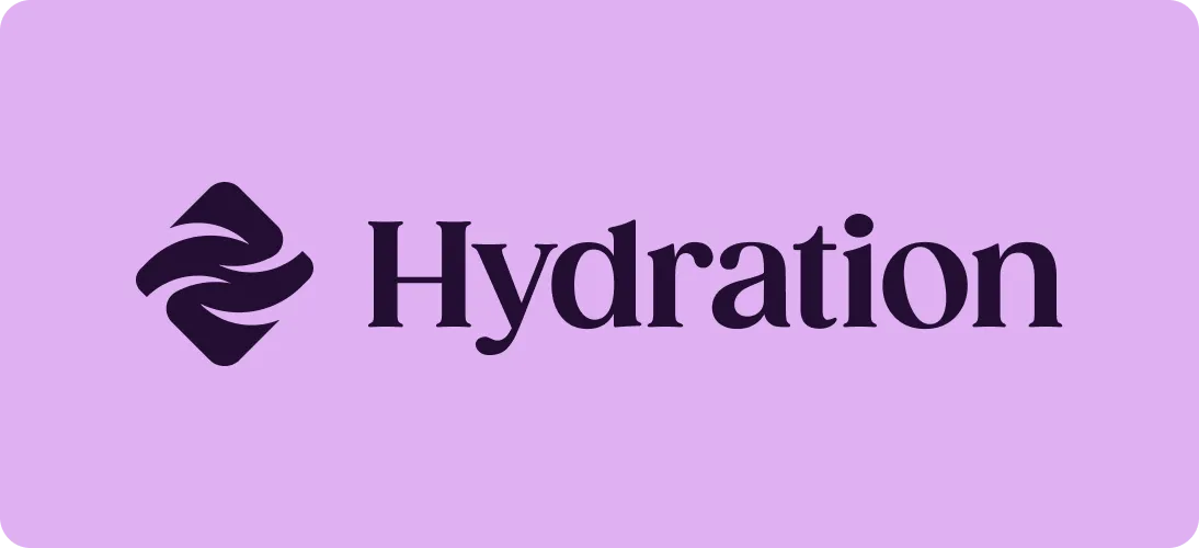 Logo with abstract wave design and the word 'Hydration' on a light purple background.
