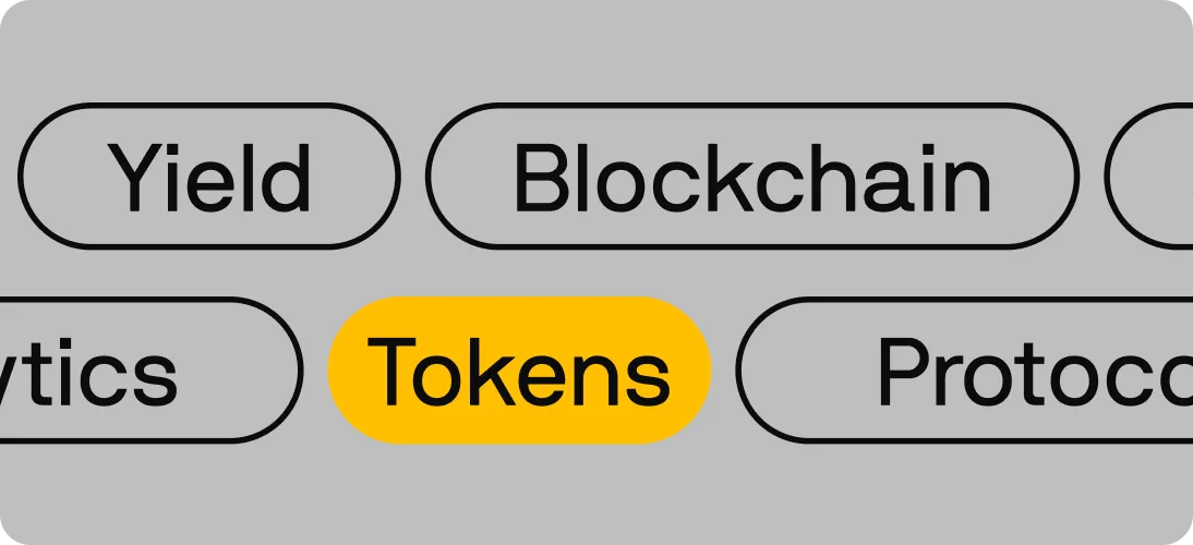 Tags with words Yield, Blockchain, Tokens highlighted in yellow, and Protocol on a gray background.