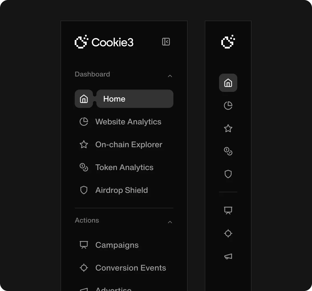 Sidebar menu of Cookie3 dashboard showing navigation options like Home, Website Analytics, On-chain Explorer, Token Analytics, Airdrop Shield, and Actions such as Campaigns and Conversion Events.