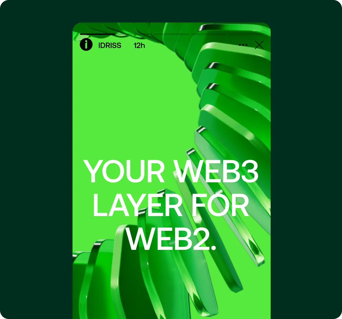 Bright green 3D abstract shapes with white text overlay: YOUR WEB3 LAYER FOR WEB2.