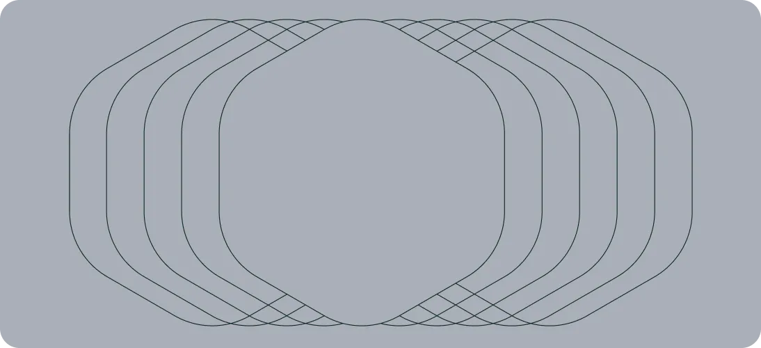 Geometric pattern of overlapping rounded hexagonal shapes arranged horizontally with thin black outlines on a muted blue background.