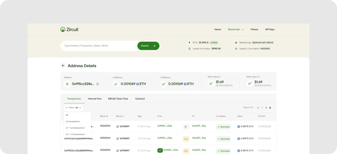 Zircuits blockchain explorer showing address details with ETH balances, ether values on L1 and L2, and a transaction list with block numbers, age, addresses, status, value, and fees.