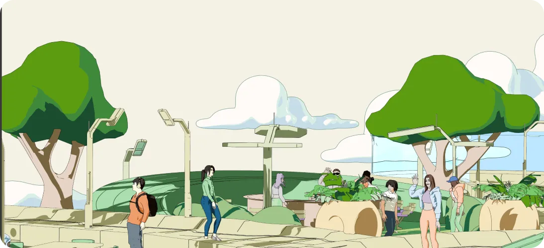 Illustration of people walking and interacting in a park-like setting with large trees, plants, benches, and street lamps under a partly cloudy sky.