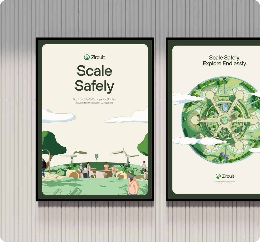 Two framed Zircuit posters on a wall; left shows people in a green park with text 'Scale Safely,' right shows a circular green landscape with text 'Scale Safely, Explore Endlessly.'