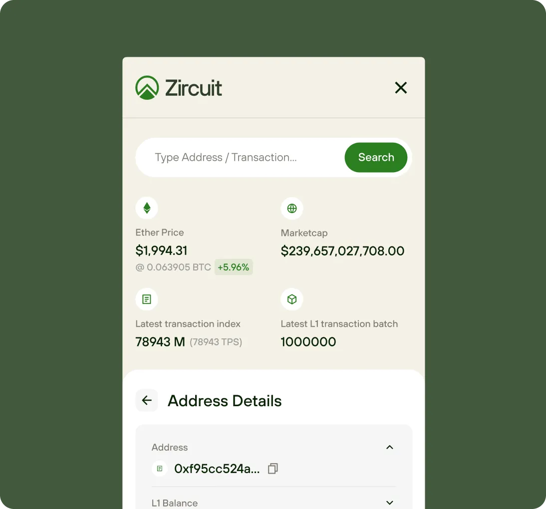 Zircuit app interface showing ether price at $1,994.31 with 5.96% increase, market cap over $239 billion, latest transaction index at 78943 million, and latest L1 transaction batch at 1,000,000, along with an address details section.