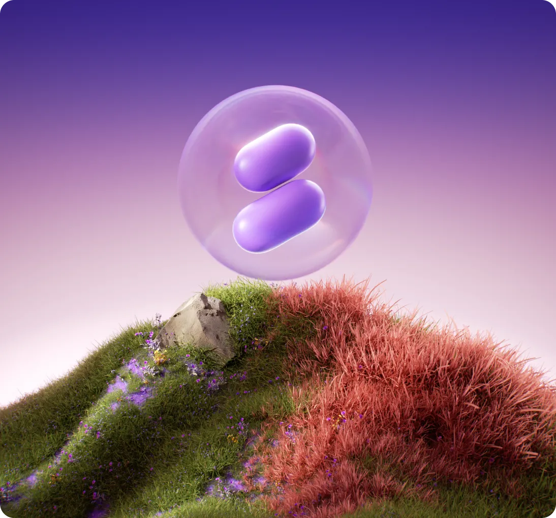 Two purple capsules inside a translucent bubble floating above a grassy hill with green and reddish-pink patches and a small rock.