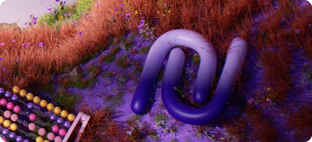 Purple and pink abacus beads next to a large purple tube-shaped object on a textured patch of grass and small plants with reddish and green foliage.