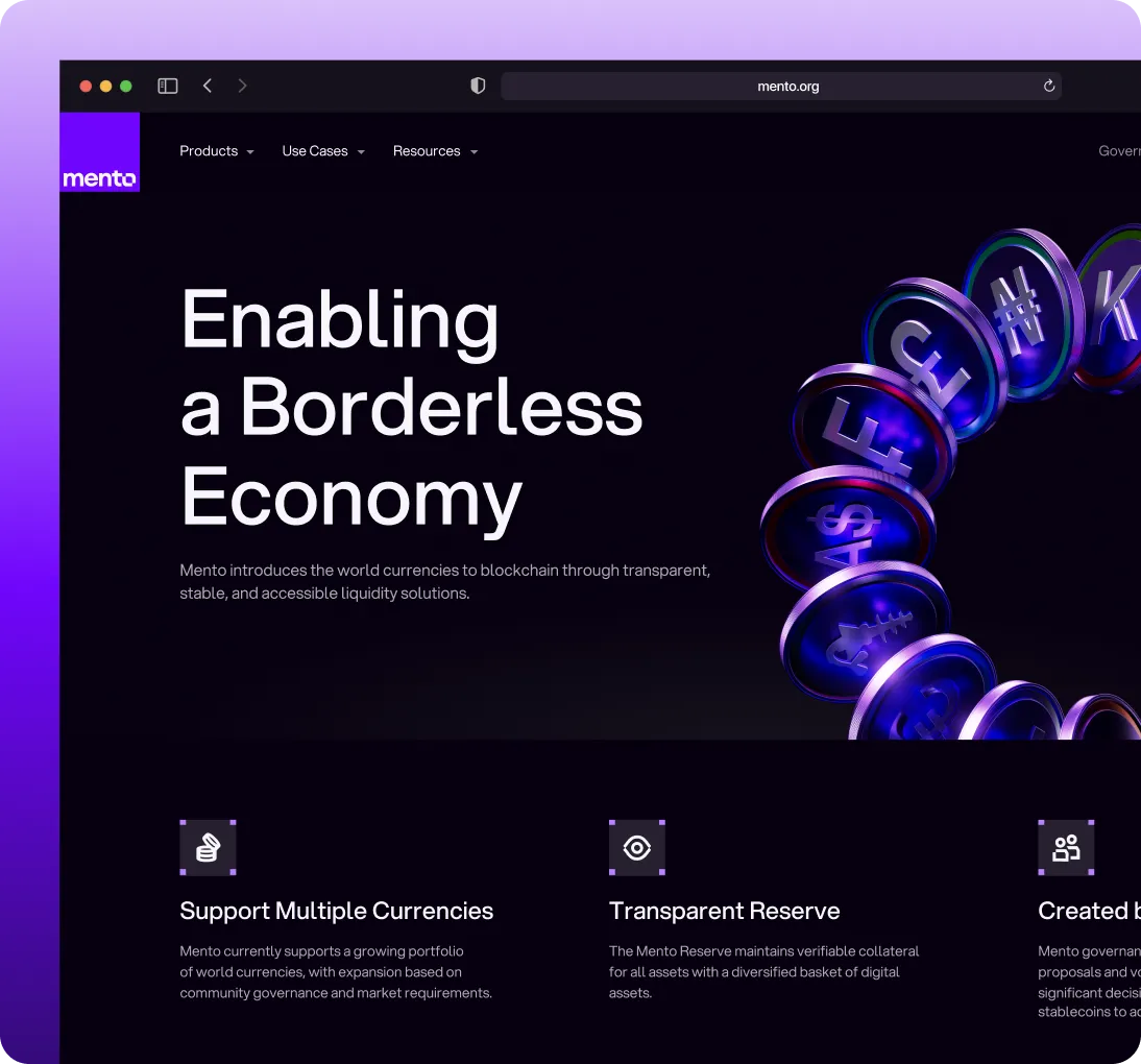 Mento.org website homepage showing 'Enabling a Borderless Economy' with digital coins featuring currency symbols in a circular formation.