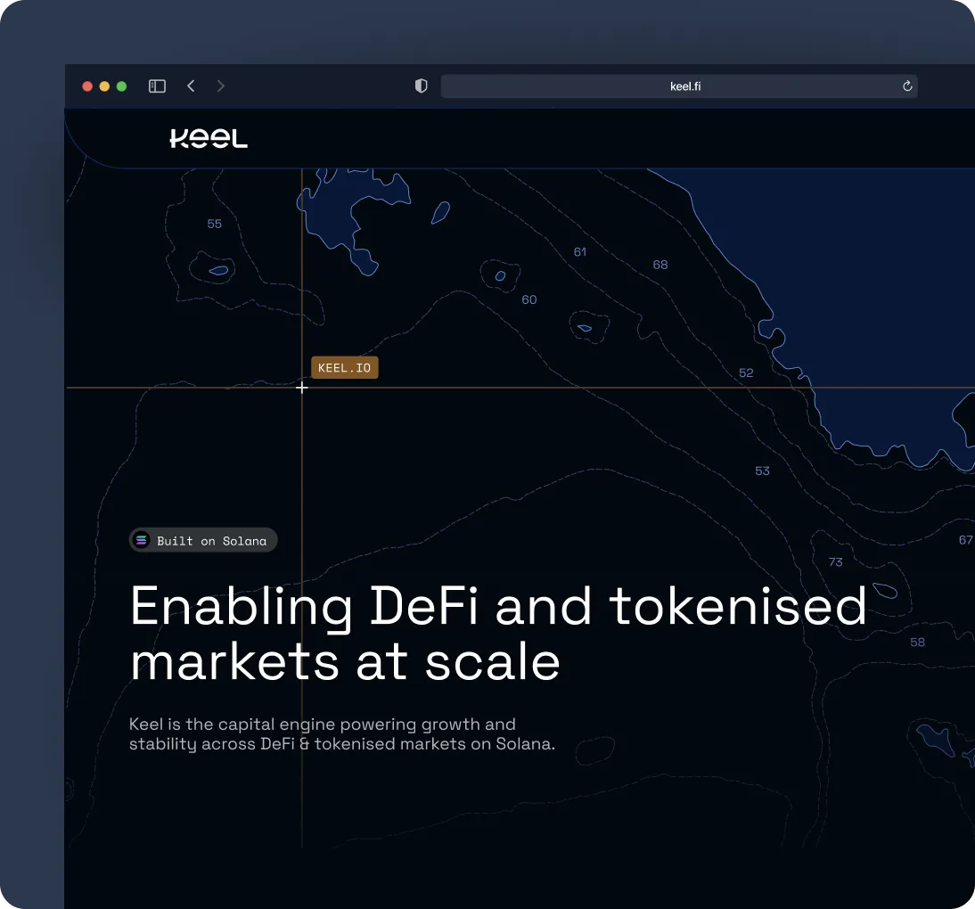 Website homepage of Keel displaying text: Enabling DeFi and tokenised markets at scale, with a dark background featuring a contour map and a note that it is built on Solana.