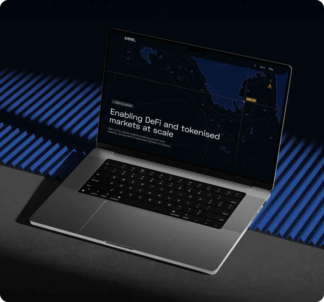 Open laptop displaying a website with the text 'Enabling DeFi and tokenised markets at scale' on a dark background with blue abstract map design.