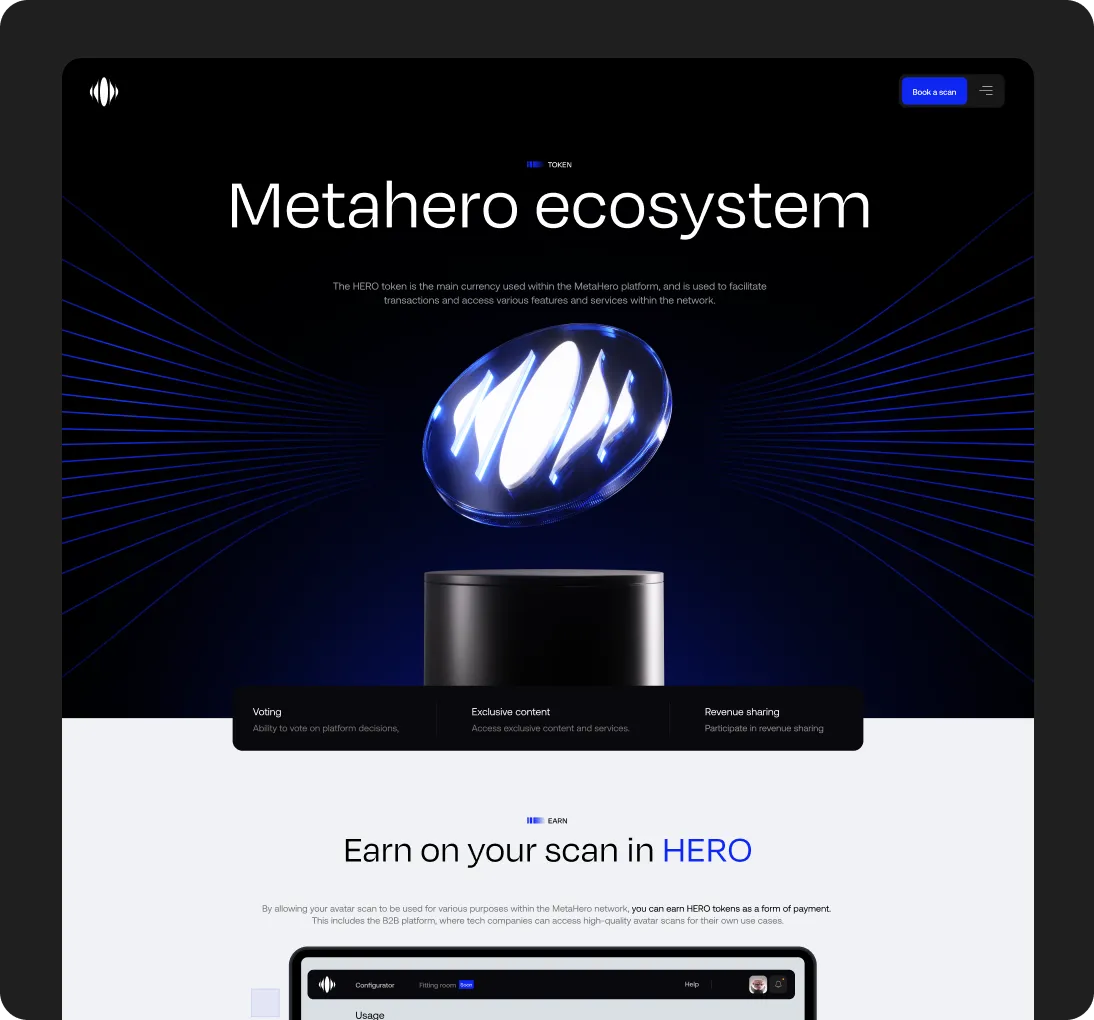 MetaHero ecosystem webpage showing a glowing Hero token above a pedestal with features including voting, exclusive content, and revenue sharing.