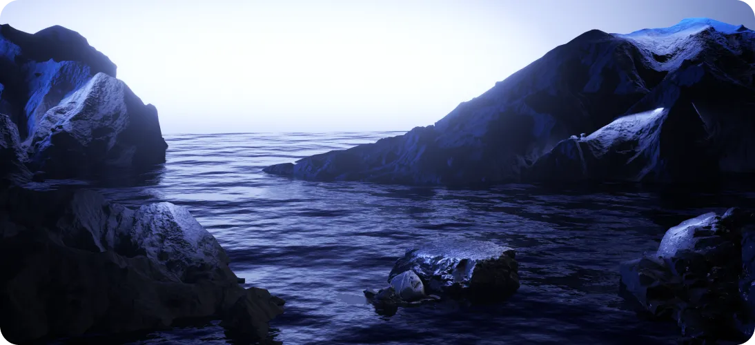 Calm ocean water surrounded by dark rocky cliffs under a bright, pale sky.
