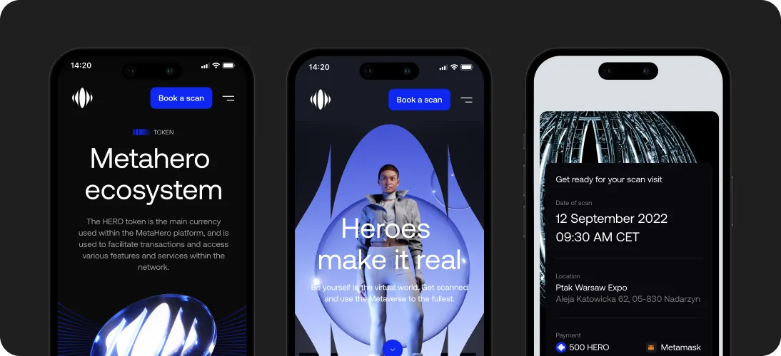Three smartphones displaying MetaHero app screens: ecosystem info with a blue glowing orb, a person inside a blue drop shape with text 'Heroes make it real', and a scan visit confirmation for 12 September 2022 at Ptak Warsaw Expo.