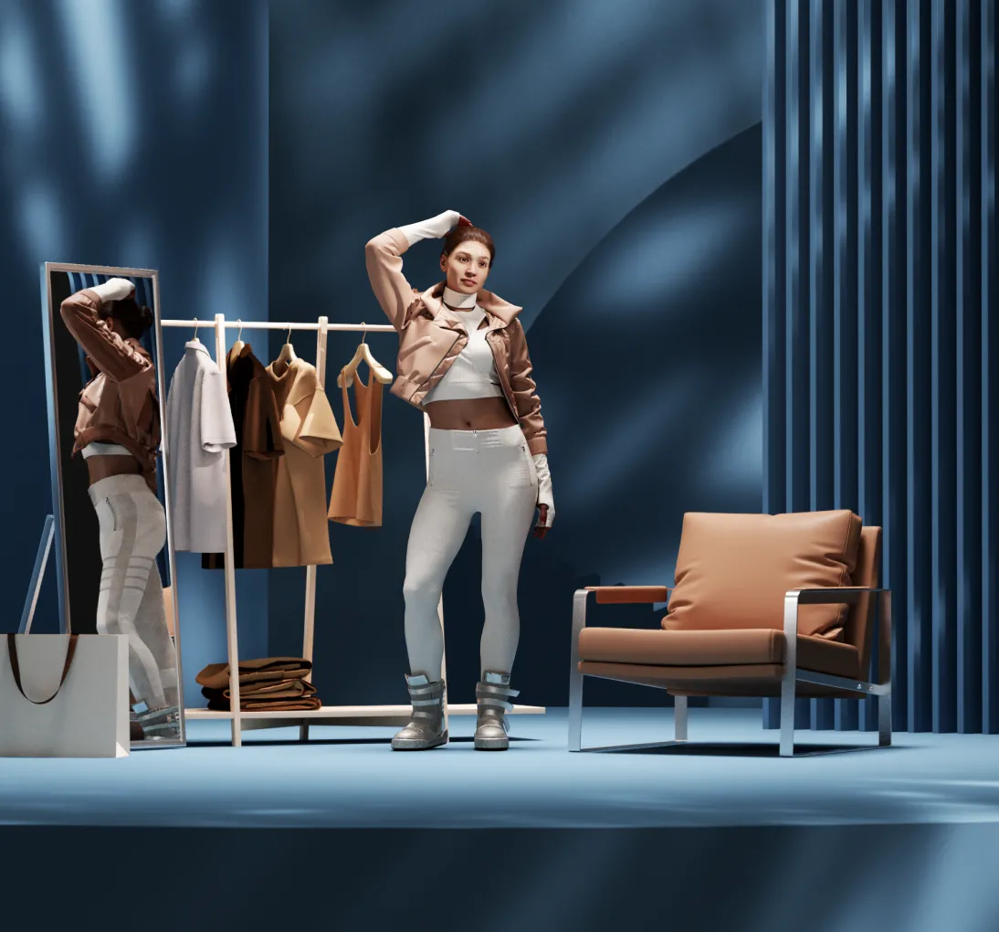 Young woman posing in white pants and cropped jacket in a modern room with clothing rack, mirror, and brown armchair.