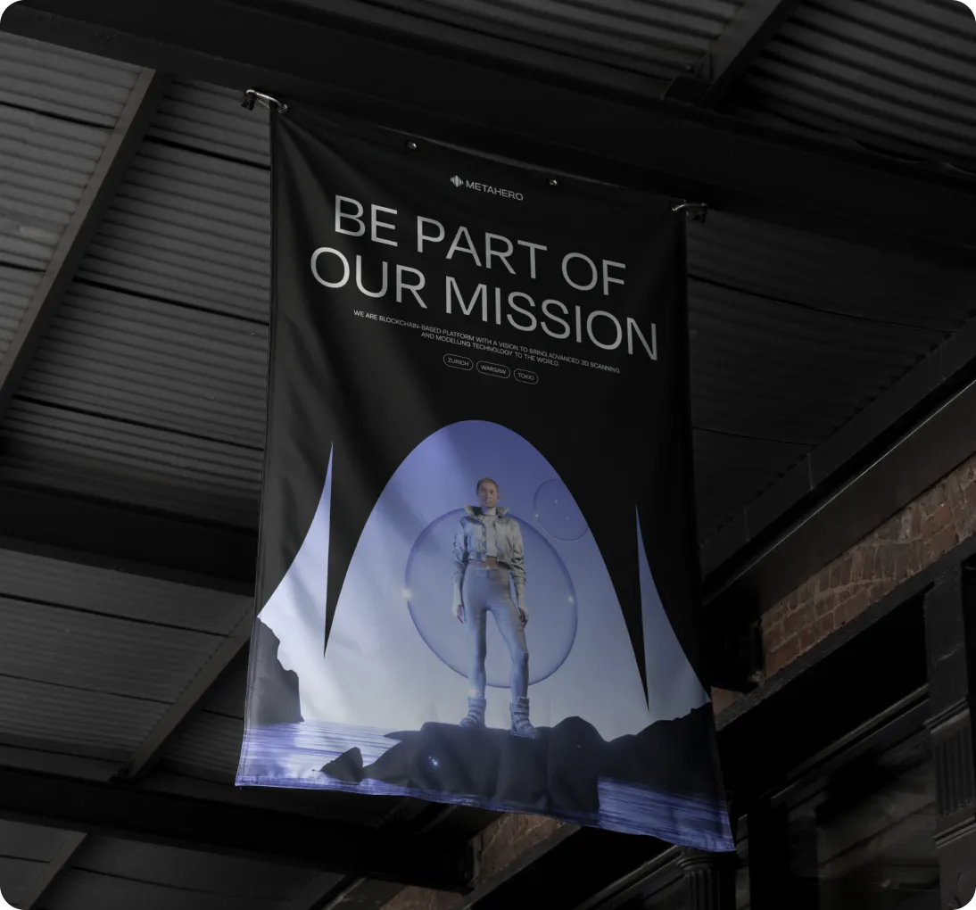 Black hanging banner with white text 'BE PART OF OUR MISSION' and an image of a person standing on rocks with futuristic blue and white light effects.