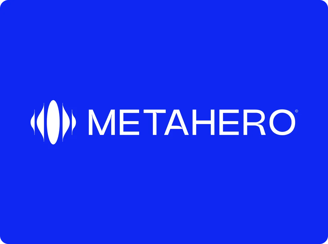 White METAHERO logo with abstract symmetrical shapes on a blue background.