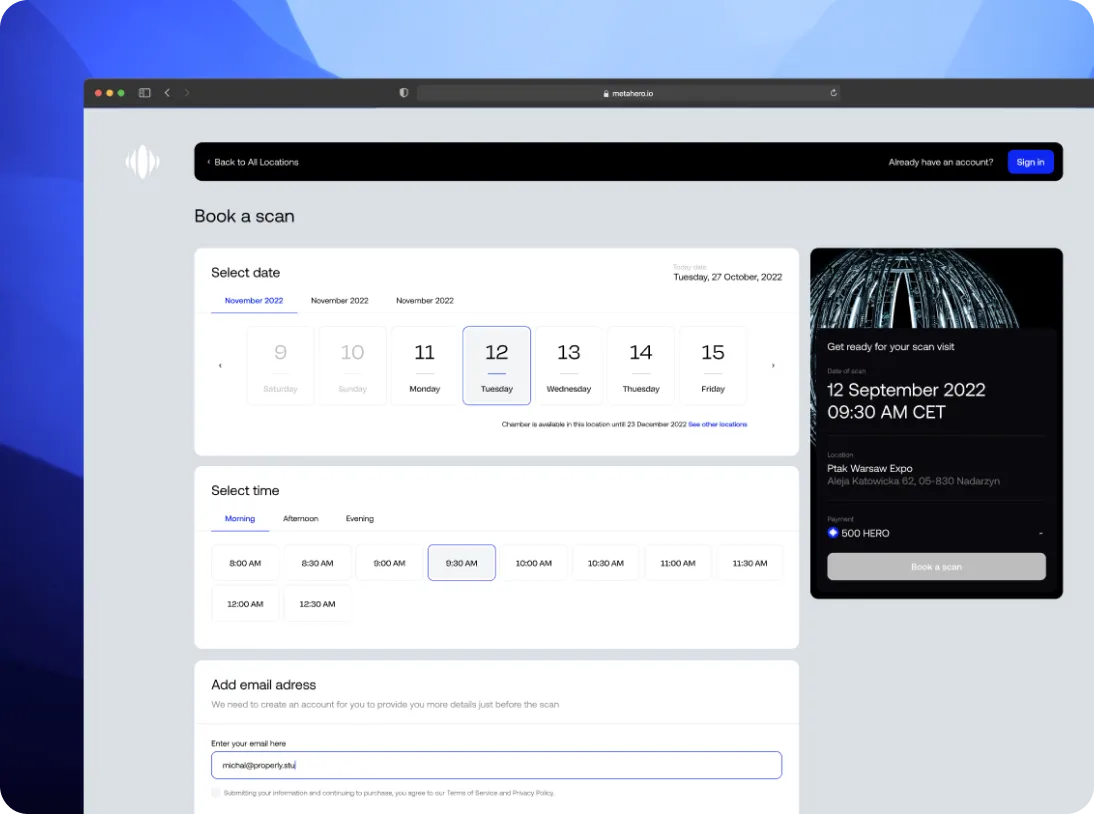 Online booking interface for a scan appointment showing date selection from November 9 to 15, 2022, time slots for morning, and an email address input field. Confirmation details for a scan on 12 September 2022 at 9:30 AM CET at Ptak Warsaw Expo are displayed on the right.