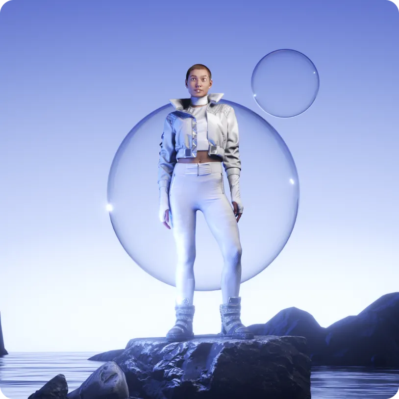Futuristic woman in white outfit standing on a rock surrounded by water with large transparent bubbles floating behind her against a twilight sky.