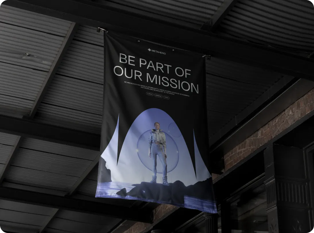 Hanging banner with the text 'Be part of our mission' featuring a person standing in futuristic attire with abstract blue and black background.