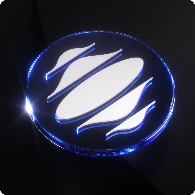 Glowing circular object with abstract white shapes and blue light edges on a dark background.