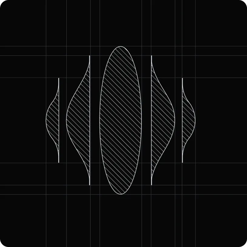 Five vertical, hatched, curvy shapes of varying width arranged symmetrically on a black background with grid lines.