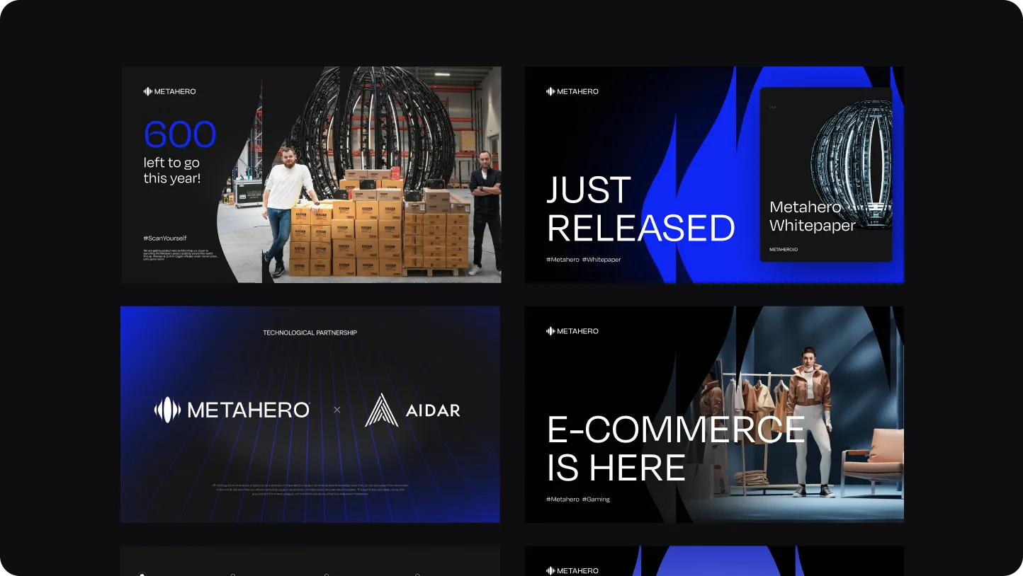 Collage of Metahero promotional slides showing goal progress with stacked boxes and people, Metahero whitepaper release, technological partnership with Aidar, and e-commerce announcement with a person standing beside clothing rack.