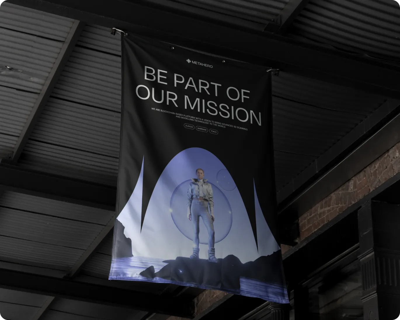 Hanging banner with text 'BE PART OF OUR MISSION' and a futuristic image of a person standing in front of a large blue circle shape.
