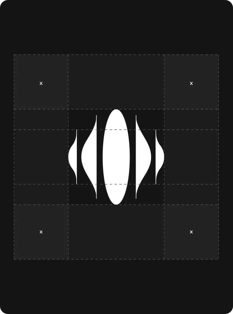 Abstract symmetrical design with a central white oval and four surrounding curved shapes on a black background.