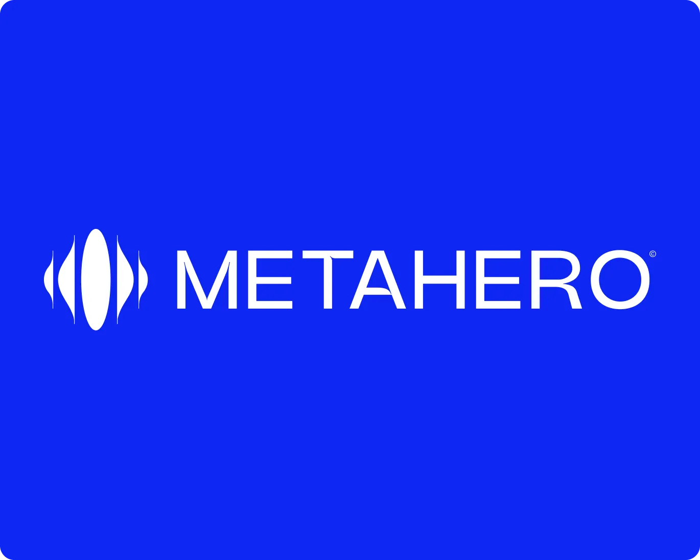 White METAHERO logo with abstract vertical oval shapes on a bright blue background.