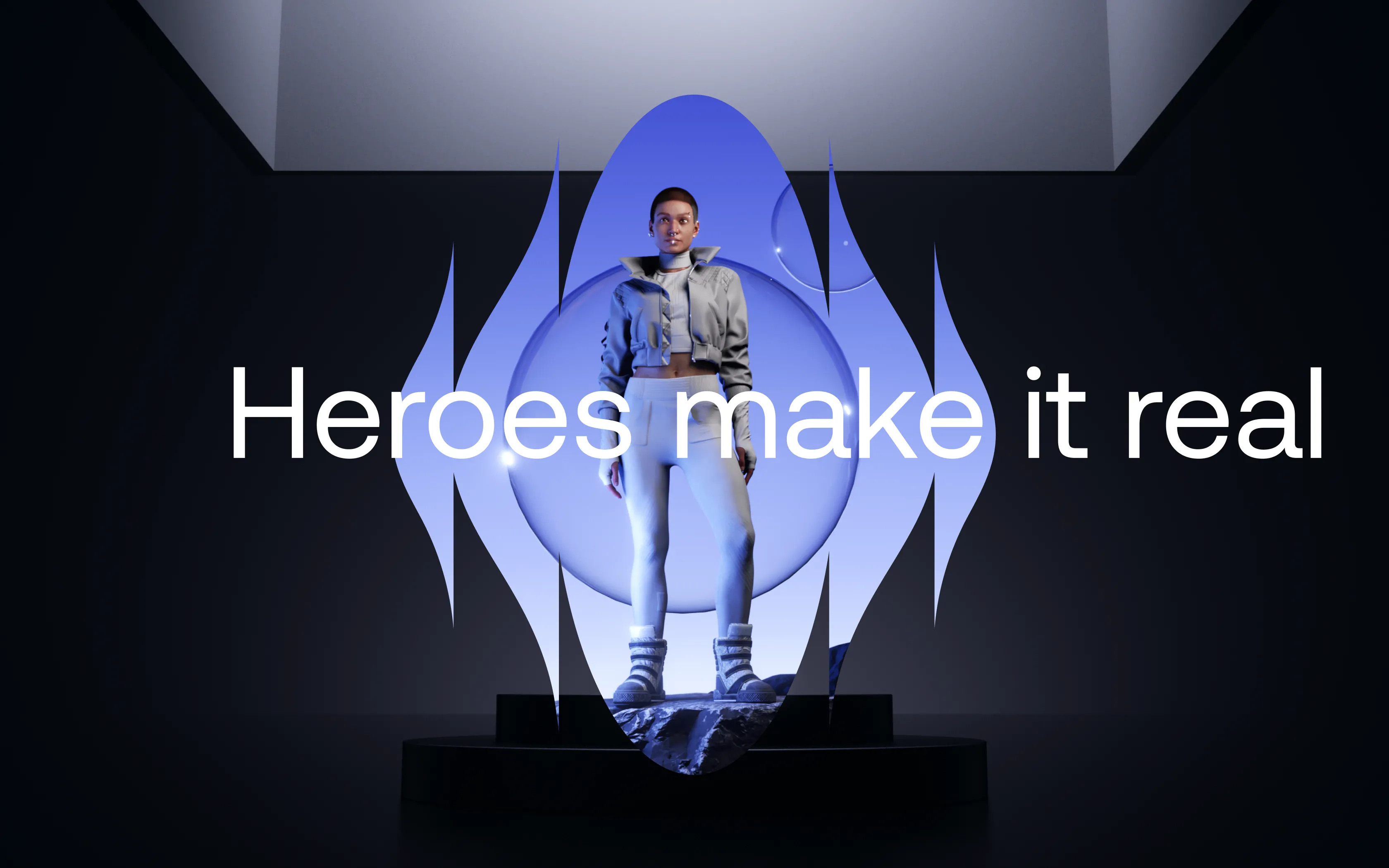 3D rendered figure of a woman standing on a rock inside a glowing blue abstract flame shape with the text 'Heroes make it real'.