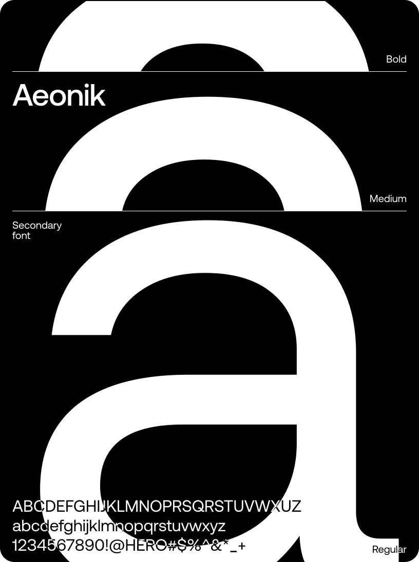 Three variations of the Aeonik font displayed on a black background: Bold, Medium, and Regular, including uppercase, lowercase, and special characters.