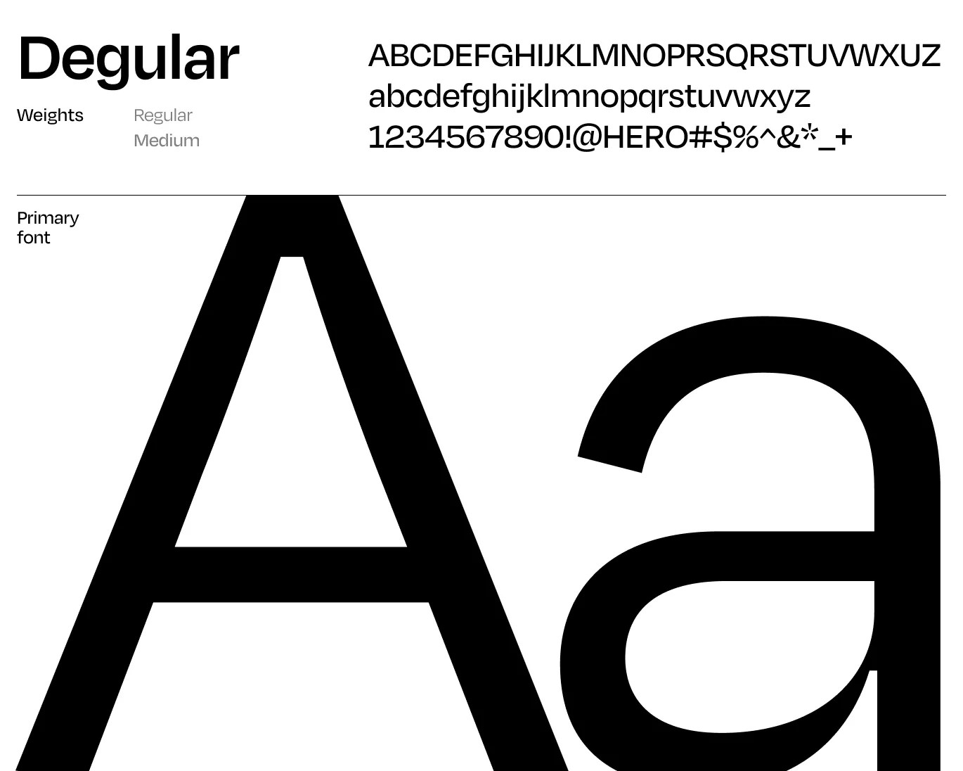 Sample of Degular font showing uppercase and lowercase alphabet, numbers, special characters, and large letter A and a.