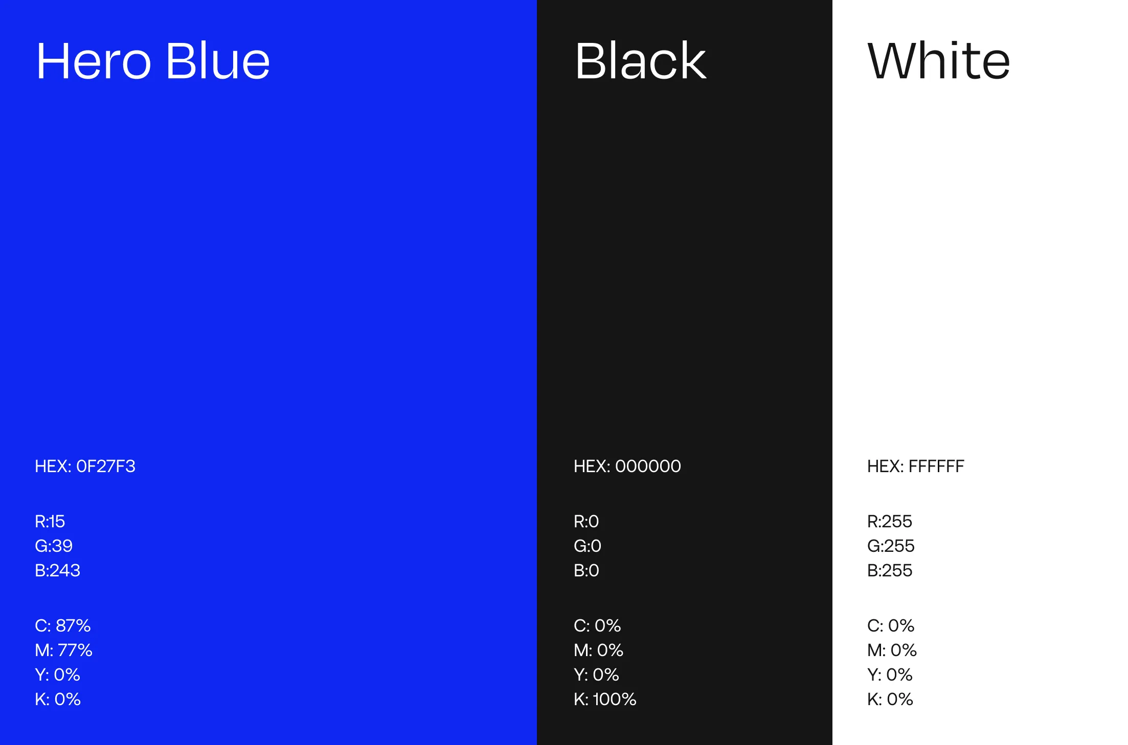 Three vertical color blocks labeled Hero Blue, Black, and White with their HEX, RGB, and CMYK color codes.