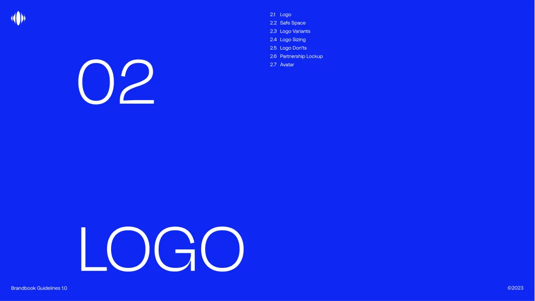 Blue background with small logo icon top left, large white text '02 LOGO' in bottom left, and a list of branding sections on the right.