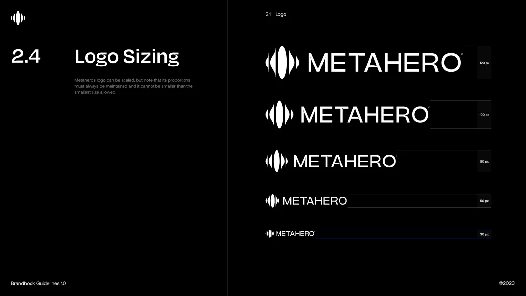 Brand guidelines page showing MetaHero logo in five sizes: 120px, 100px, 80px, 50px, and 30px, with instruction that logo proportions must be maintained and not smaller than the smallest size allowed.