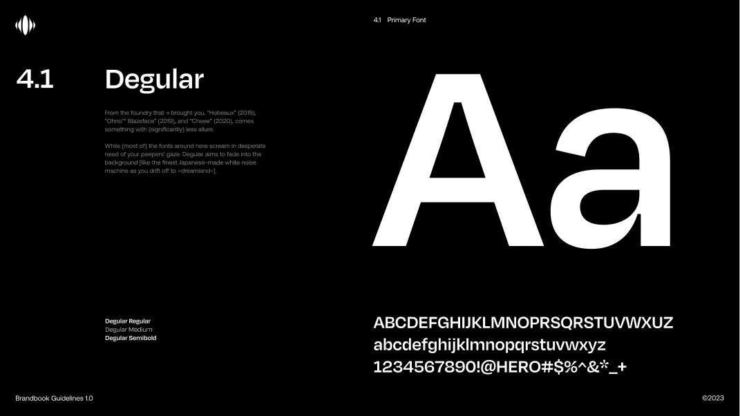 Degular primary font specimen showing uppercase, lowercase, numbers, and symbols on black background with descriptive text.