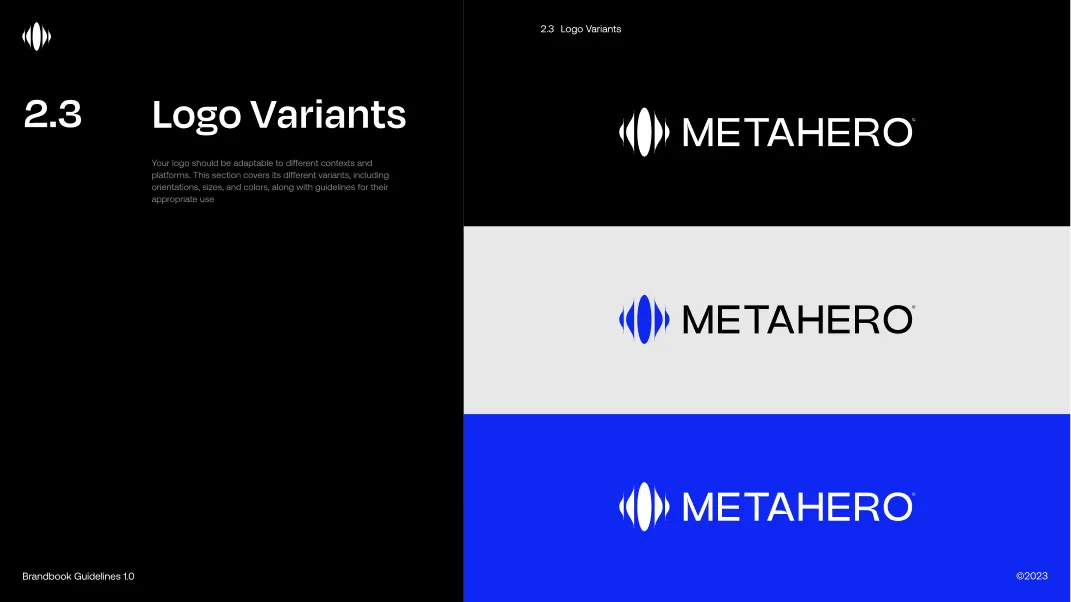 METAHERO logo variants shown in white on black, blue on light gray, and white on blue backgrounds.