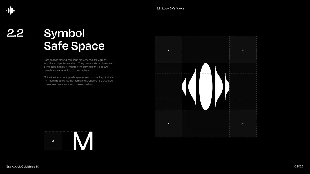 Brand guidelines page showing symbol safe space with a white abstract logo centered inside a grid and instructions on maintaining clear space around the logo for visibility and professionalism.