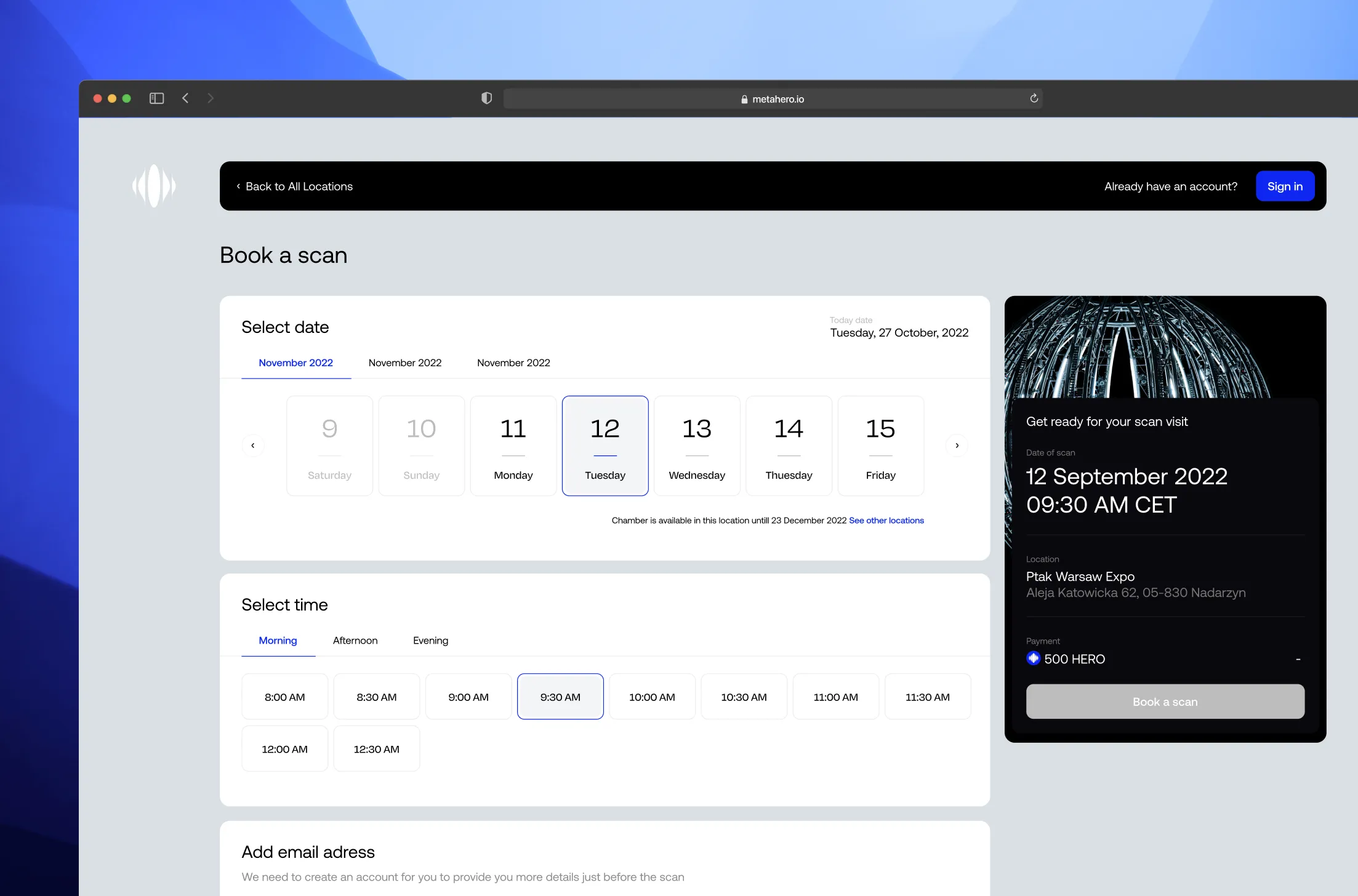 Webpage interface for booking a scan appointment with selectable date, time slots, email input, and scan visit details including date, location, and payment amount.