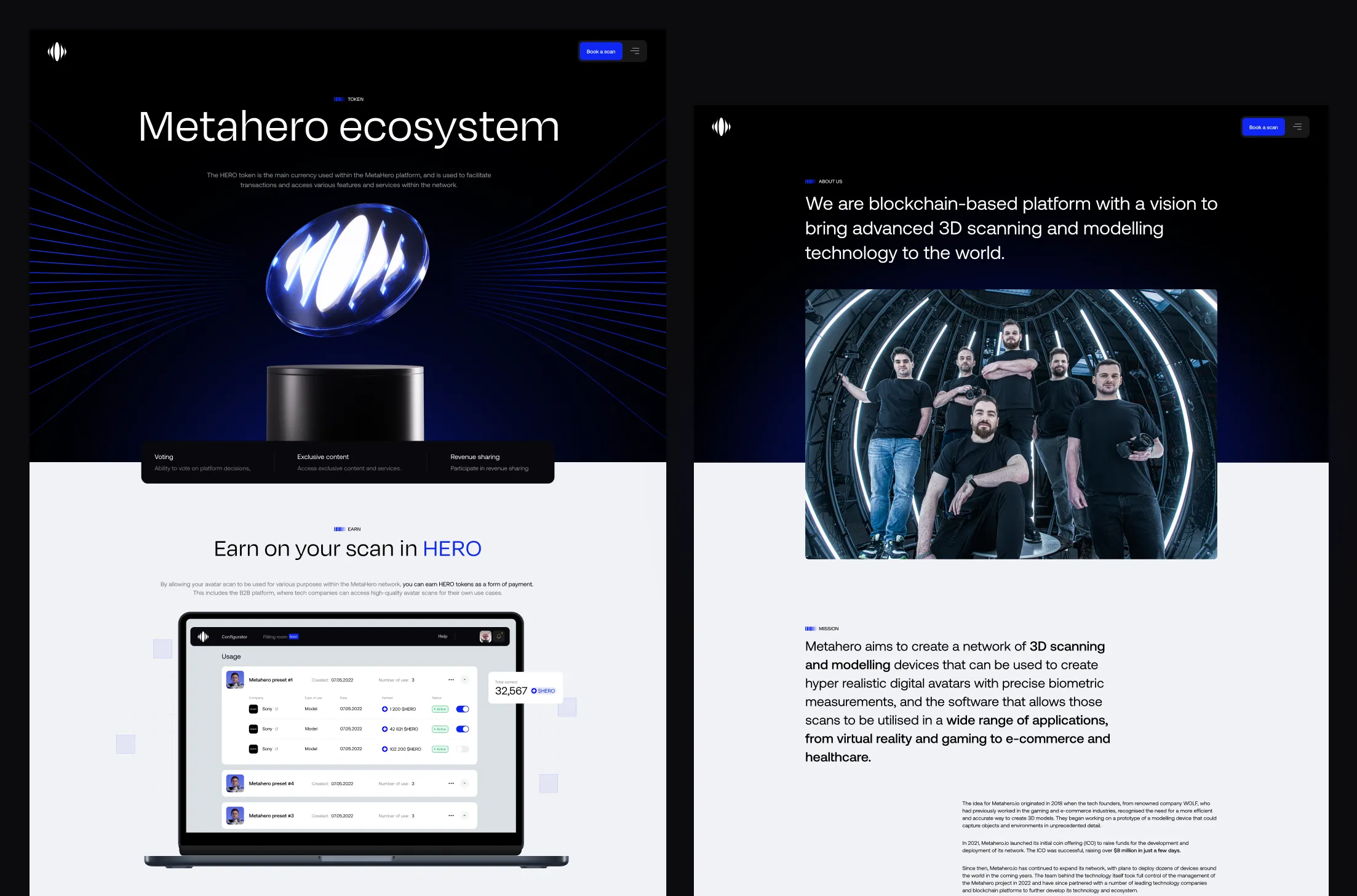 Two-page digital presentation about MetaHero ecosystem showing a glowing holographic logo above a platform, a laptop interface detailing token usage, and a team photo inside a circular light installation highlighting 3D scanning and modeling.