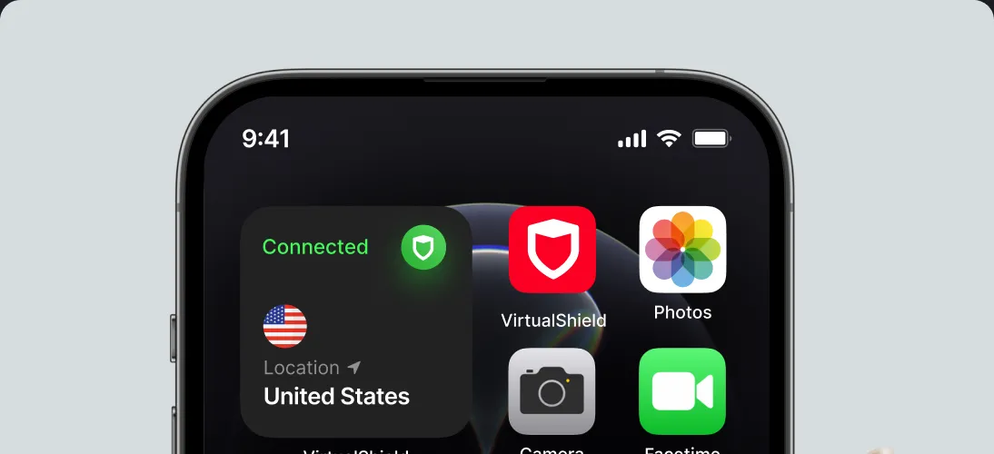 Smartphone screen showing VirtualShield VPN app connected to United States location with app icons for Photos, Camera, and FaceTime.