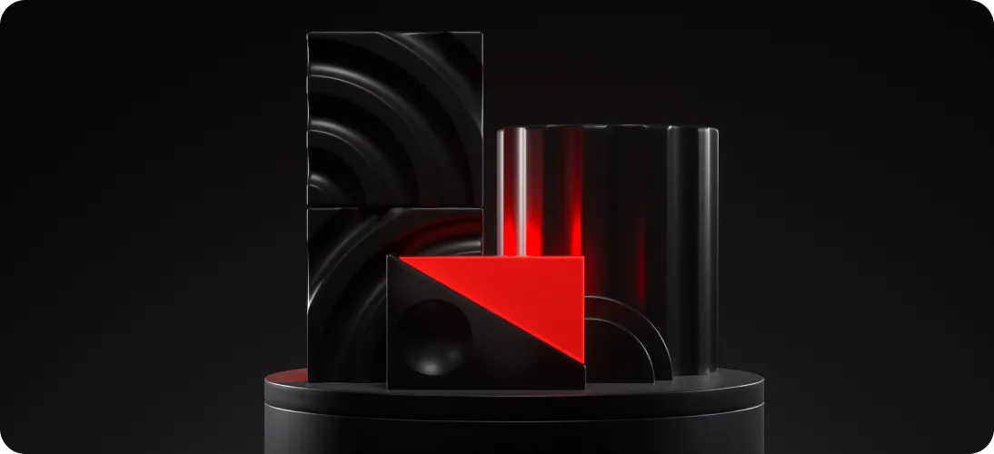 Black and red geometric shapes including a half cylinder, stacked squares with circular patterns, and a red and black triangular prism on a round pedestal against a black background.