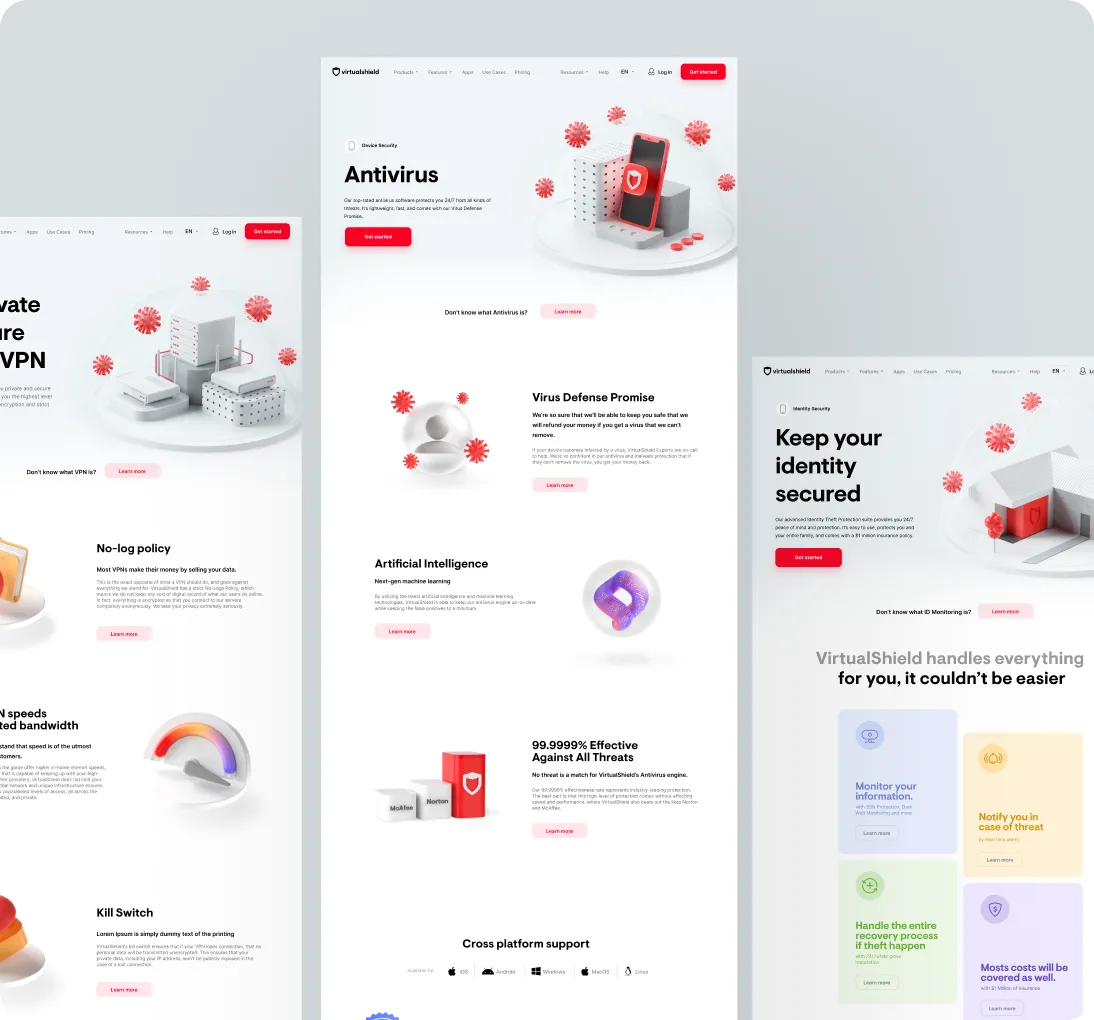 VirtualShield software webpage showing antivirus, identity security, virus defense promise, AI features, and cross-platform support with red and white design elements.