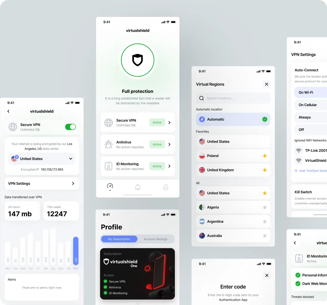 Screens of a VirtualShield VPN app showing security status, data usage, VPN server selection, profile subscription, and VPN settings options.